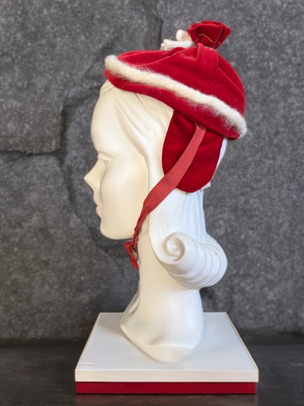 Cinderella Red Velvet Vintage Earflap Hat with Faux Fur Trim